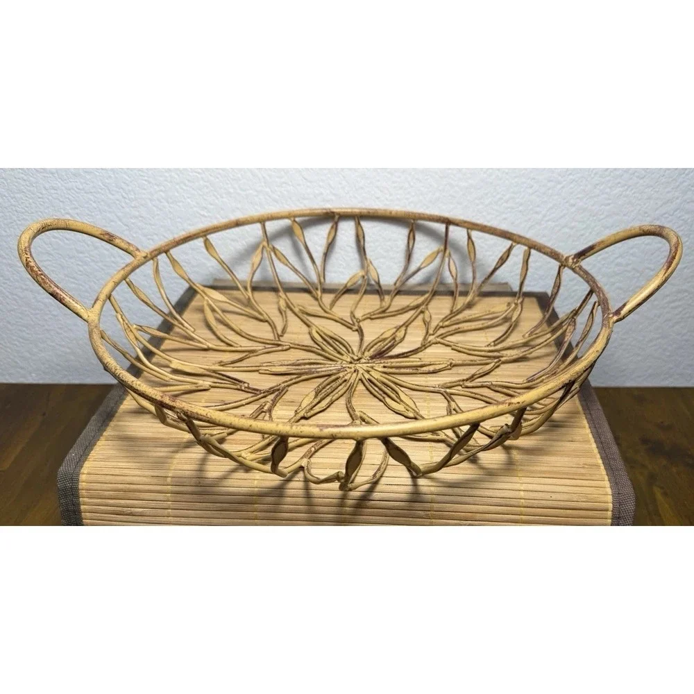 Vintage Rustic Shabby Chic Wrought Iron Gilded Flora Basket Golden Metal